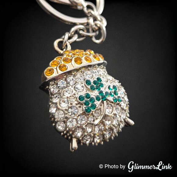 Irish Pot of Gold Shamrock Crystal Silver Tone Key Chain - Picture 2 of 8